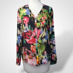 Desigual Button Shirt Women Size S Roll Tab Long Sleeve Multicolor Lightweight